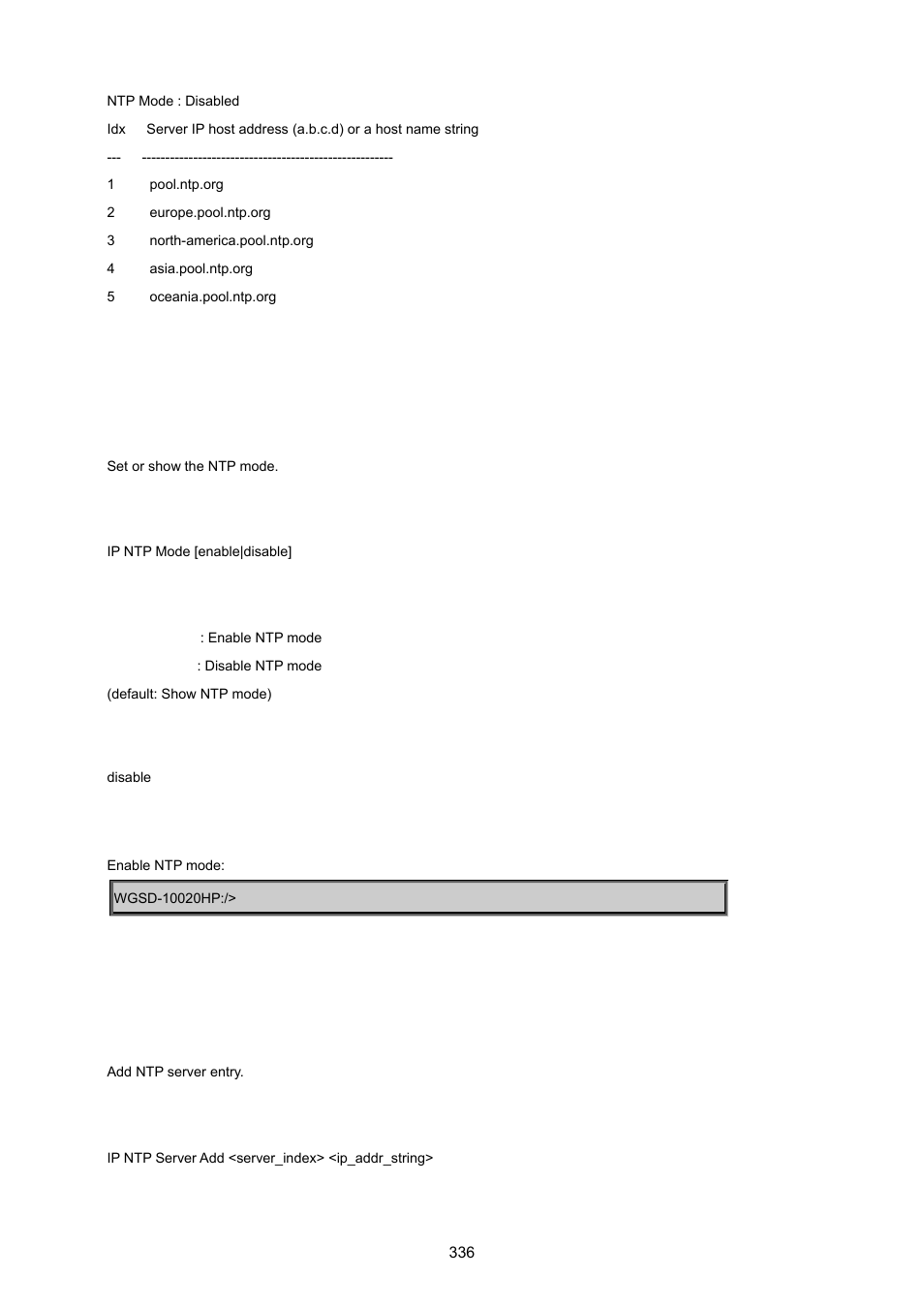 Ip ntp mode, Ip ntp server add | PLANET WGSD-10020 User Manual | Page 336 / 557