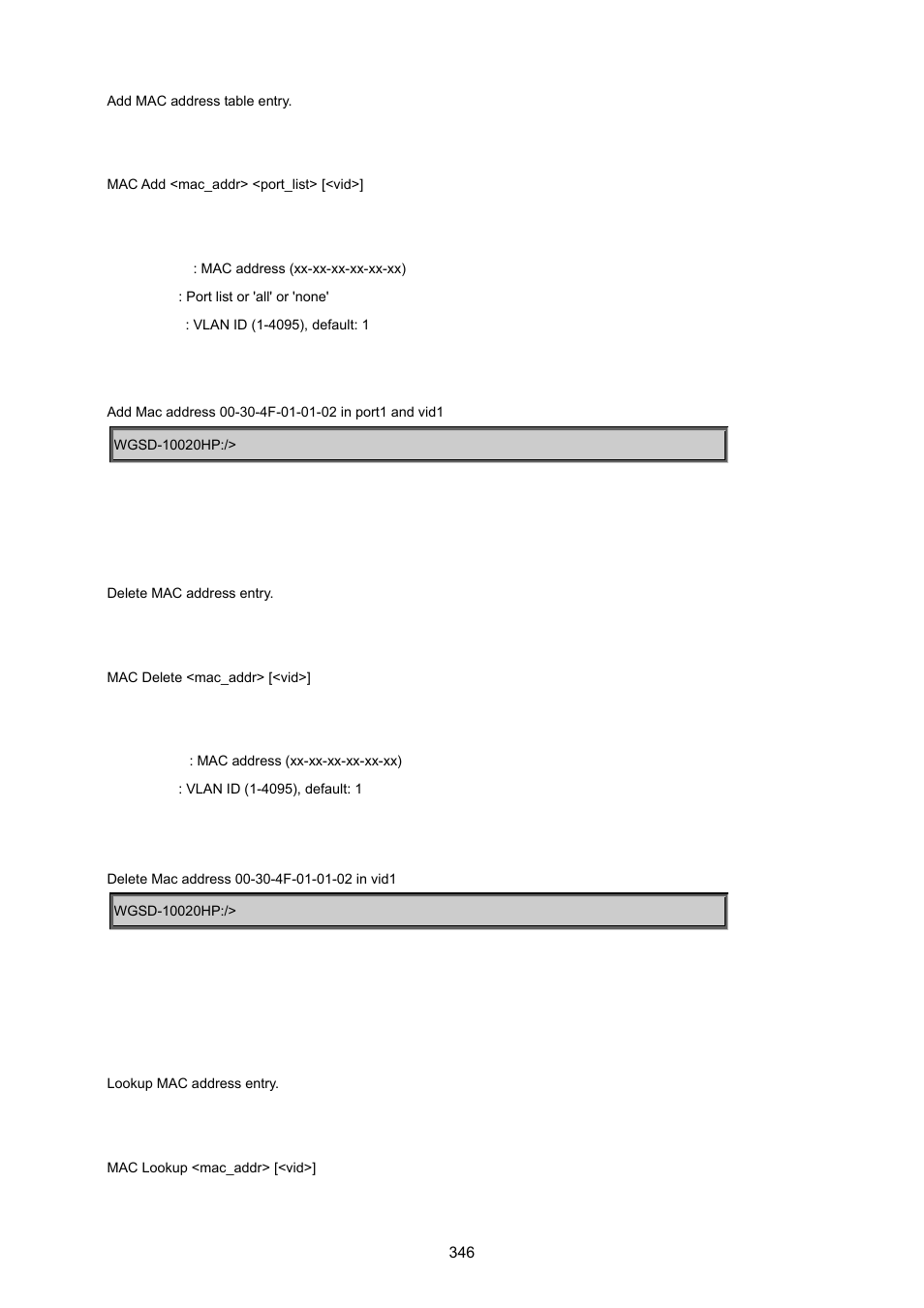 Mac delete, Mac lookup | PLANET WGSD-10020 User Manual | Page 346 / 557