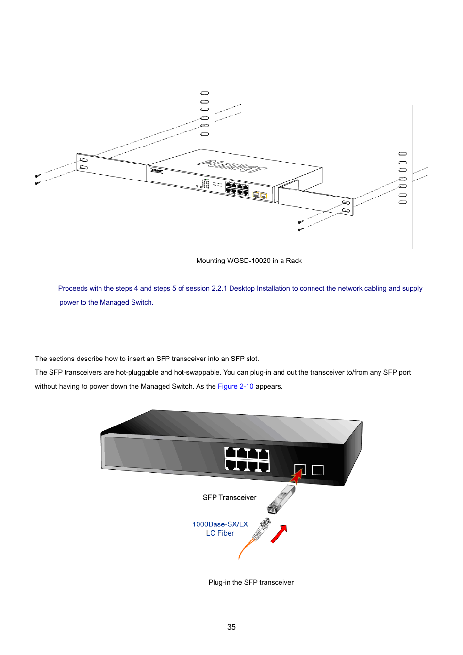 3 installing the sfp transceiver | PLANET WGSD-10020 User Manual | Page 35 / 557