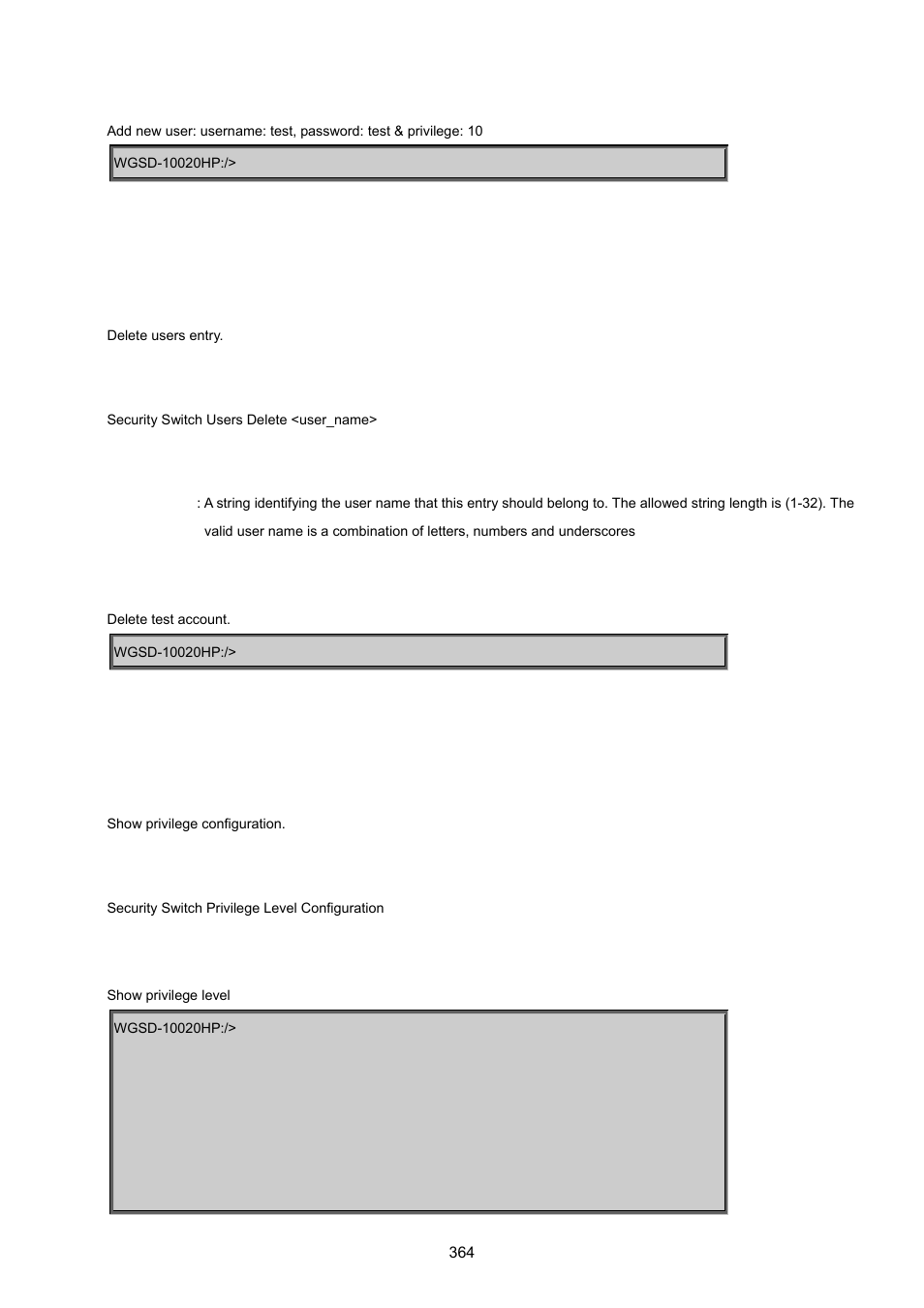 Security switch user delete, Security switch privilege level configuration | PLANET WGSD-10020 User Manual | Page 364 / 557