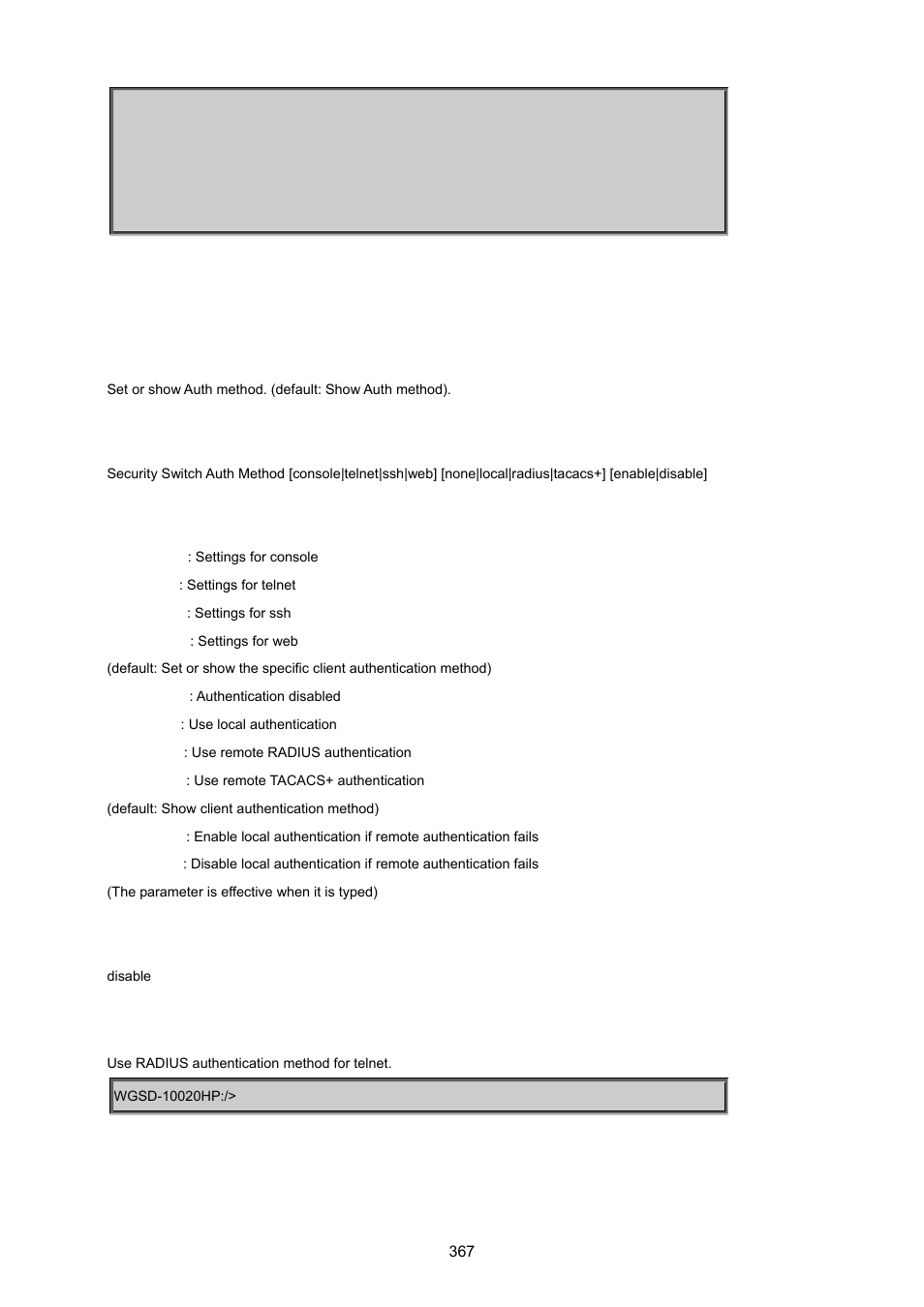 Security switch auth method | PLANET WGSD-10020 User Manual | Page 367 / 557