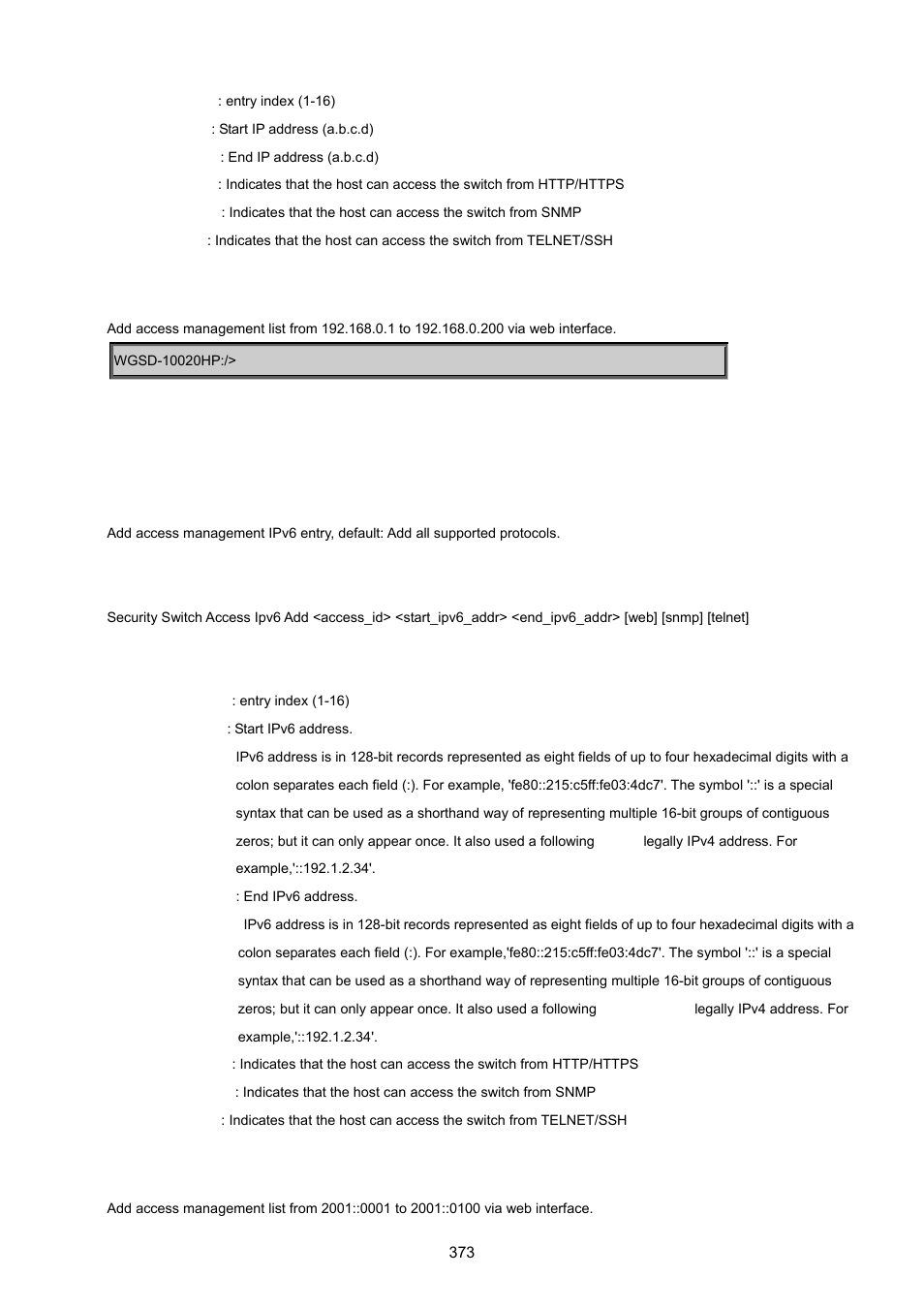 Security switch access ipv6 add | PLANET WGSD-10020 User Manual | Page 373 / 557