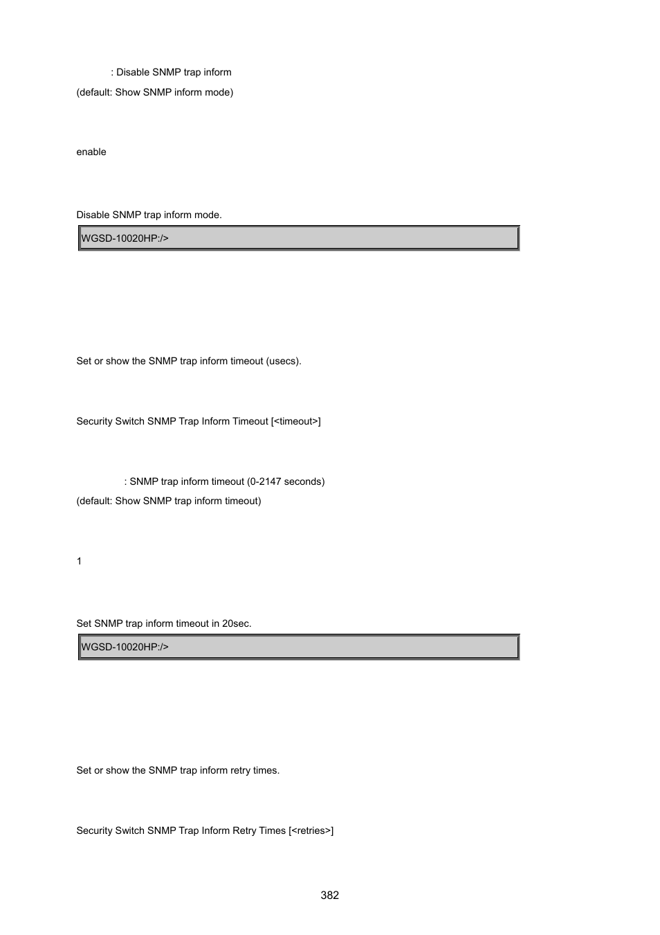 Security switch snmp trap inform timeout, Security switch snmp trap inform retry times | PLANET WGSD-10020 User Manual | Page 382 / 557