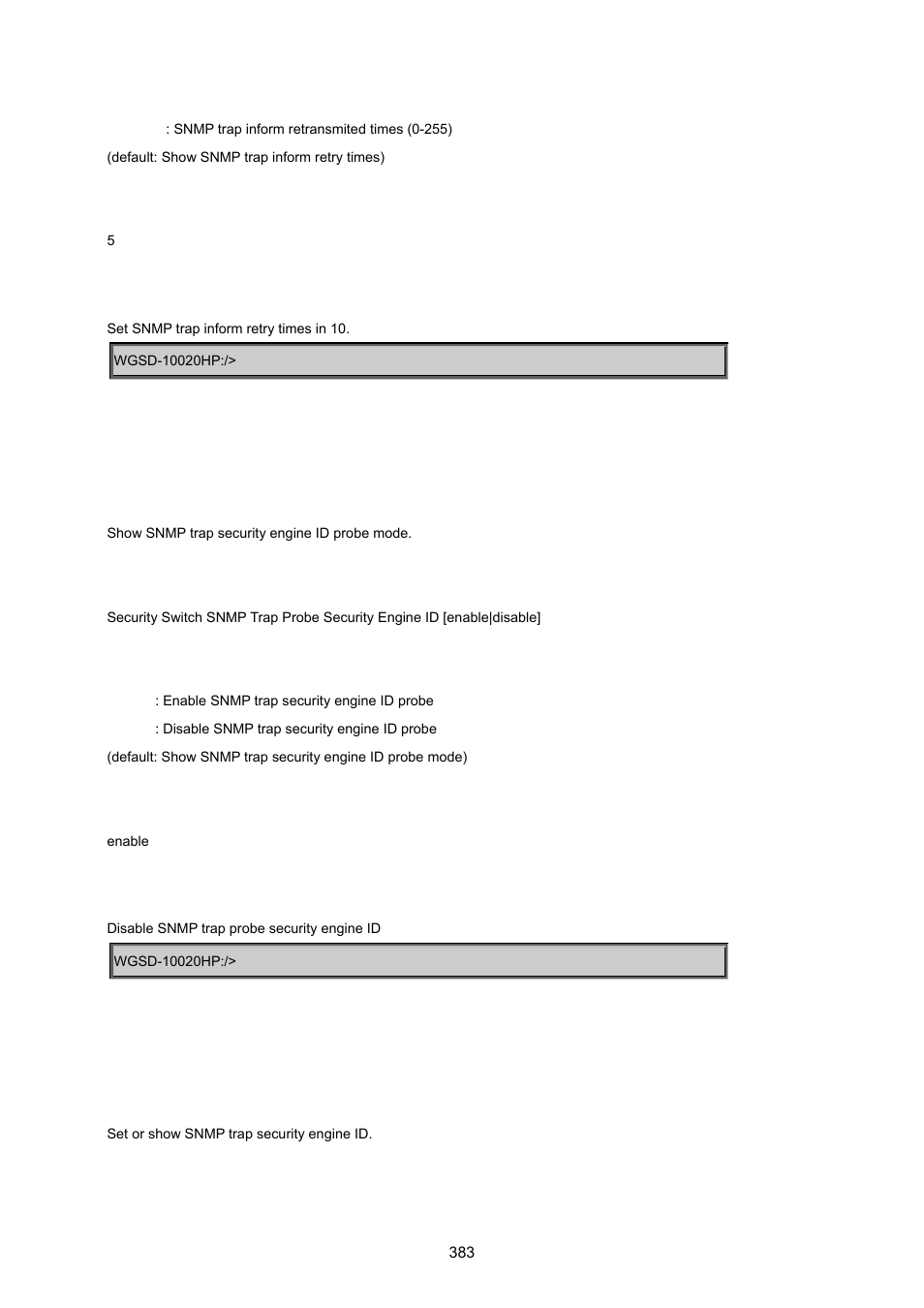 Security switch snmp trap probe security engine id, Security switch snmp trap security engine id | PLANET WGSD-10020 User Manual | Page 383 / 557