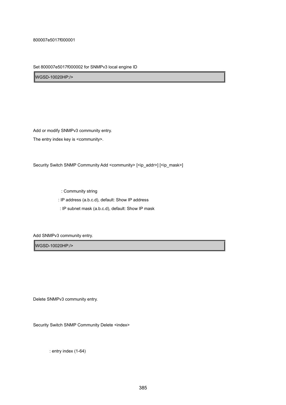 Security switch snmp community add, Security switch snmp community delete | PLANET WGSD-10020 User Manual | Page 385 / 557