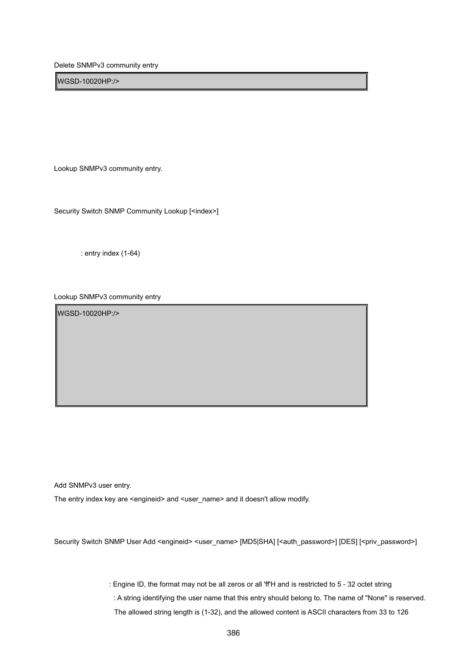 Security switch snmp community lookup, Security switch snmp user add | PLANET WGSD-10020 User Manual | Page 386 / 557