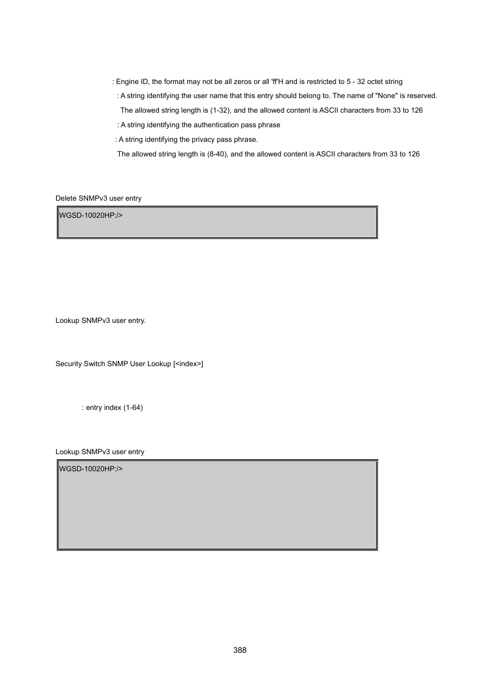 Security switch snmp user lookup, Security switch snmp group add | PLANET WGSD-10020 User Manual | Page 388 / 557