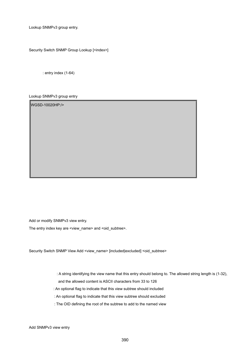 Security switch snmp view add | PLANET WGSD-10020 User Manual | Page 390 / 557