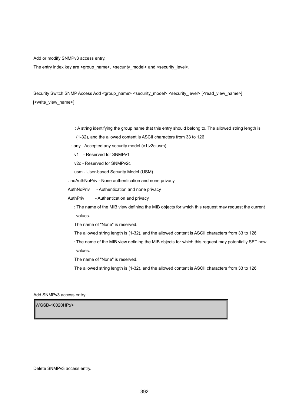 Security switch snmp access add, Security switch snmp access delete | PLANET WGSD-10020 User Manual | Page 392 / 557