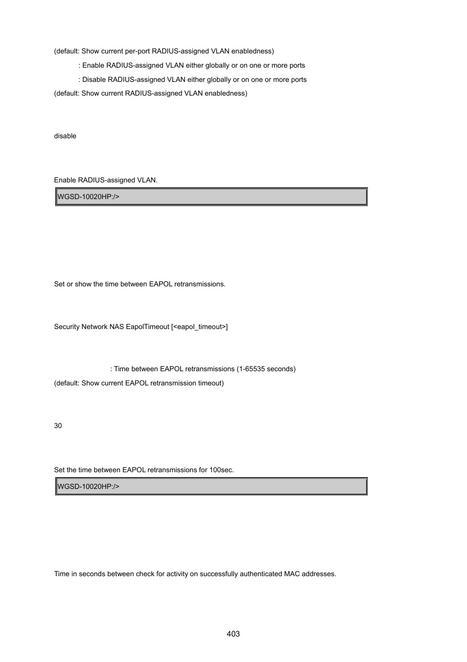 Security network nas eapoltimeout, Security network nas agetime | PLANET WGSD-10020 User Manual | Page 403 / 557
