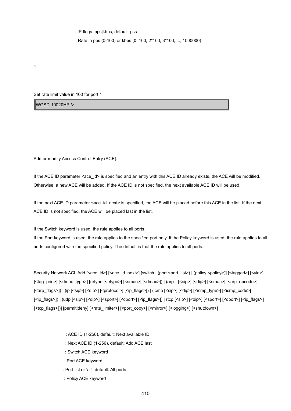 Security network acl add | PLANET WGSD-10020 User Manual | Page 410 / 557