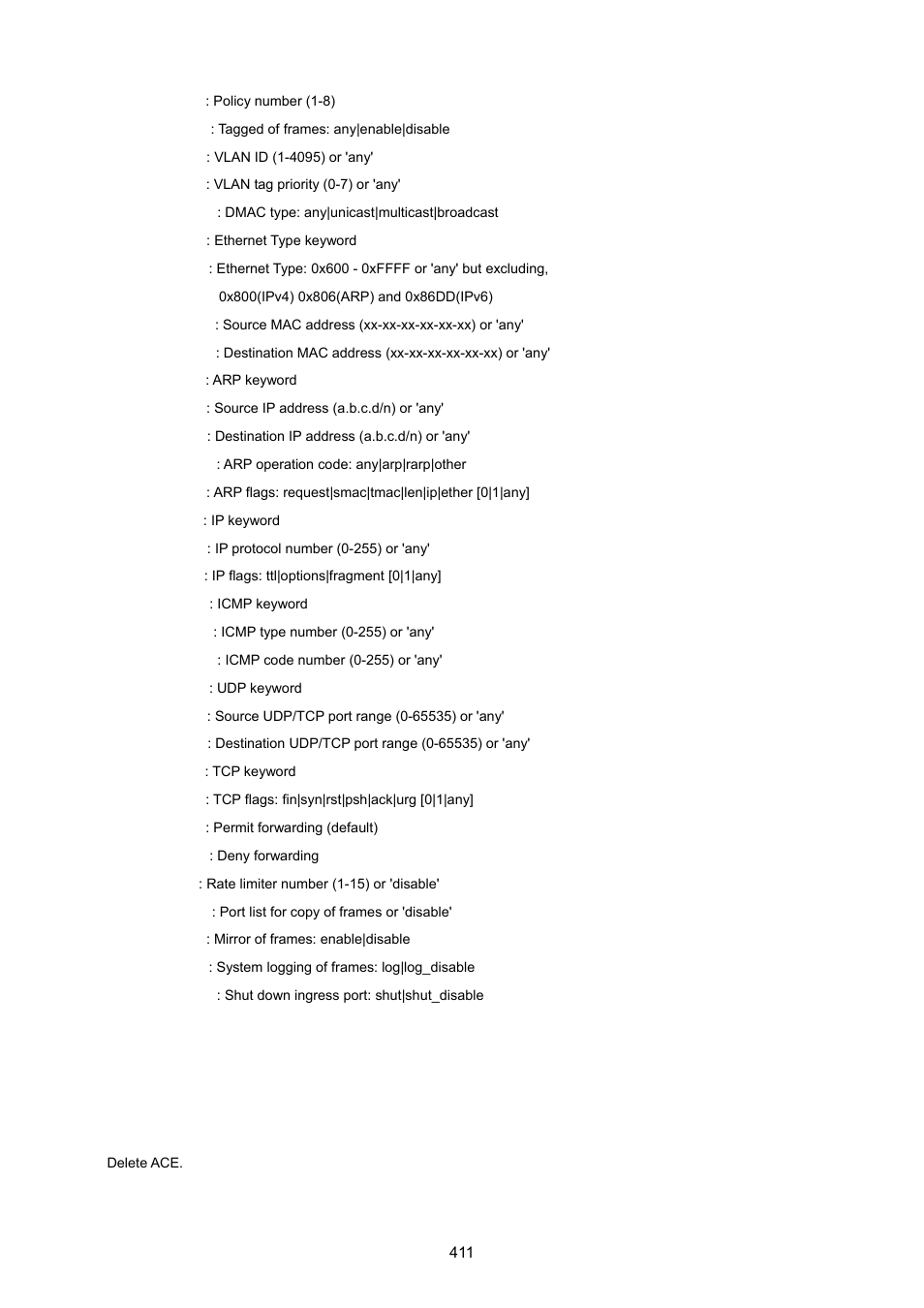Security network acl delete | PLANET WGSD-10020 User Manual | Page 411 / 557
