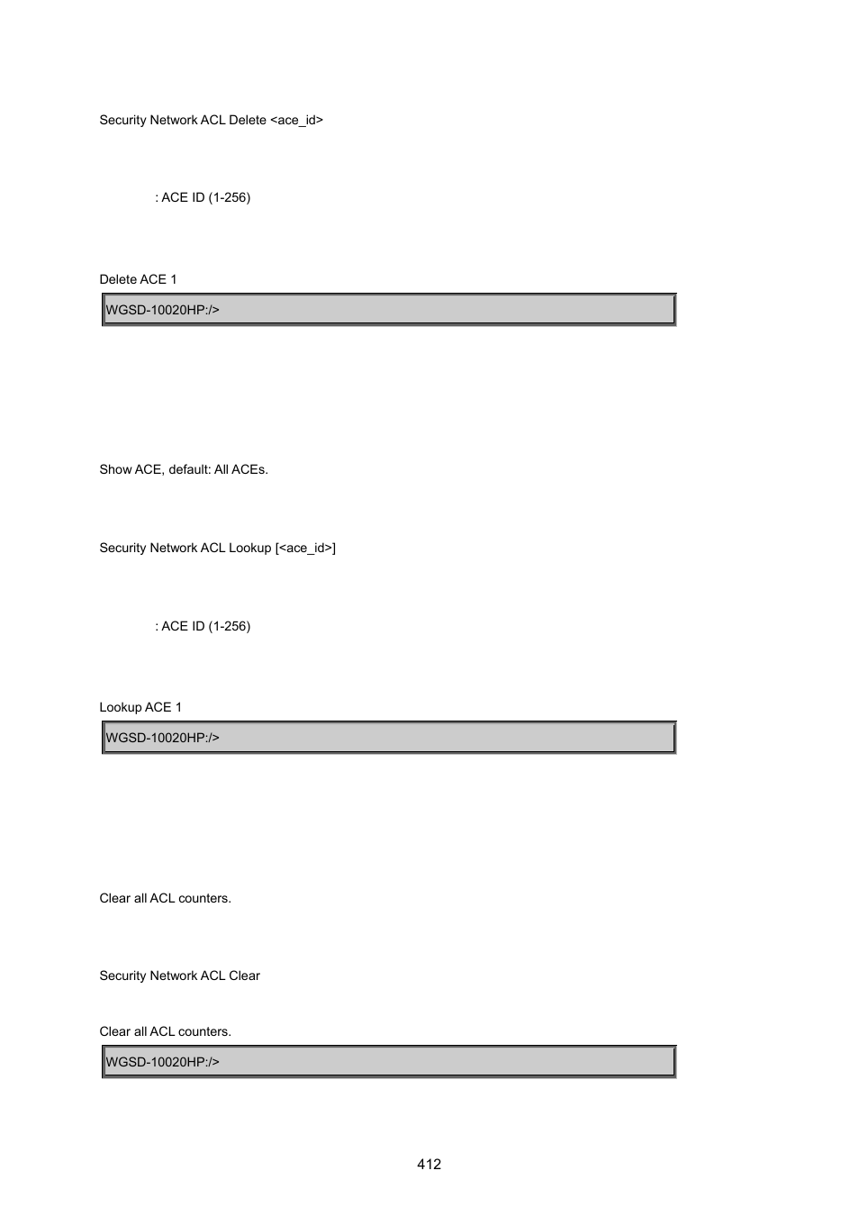 Security network acl lookup, Security network acl clear | PLANET WGSD-10020 User Manual | Page 412 / 557