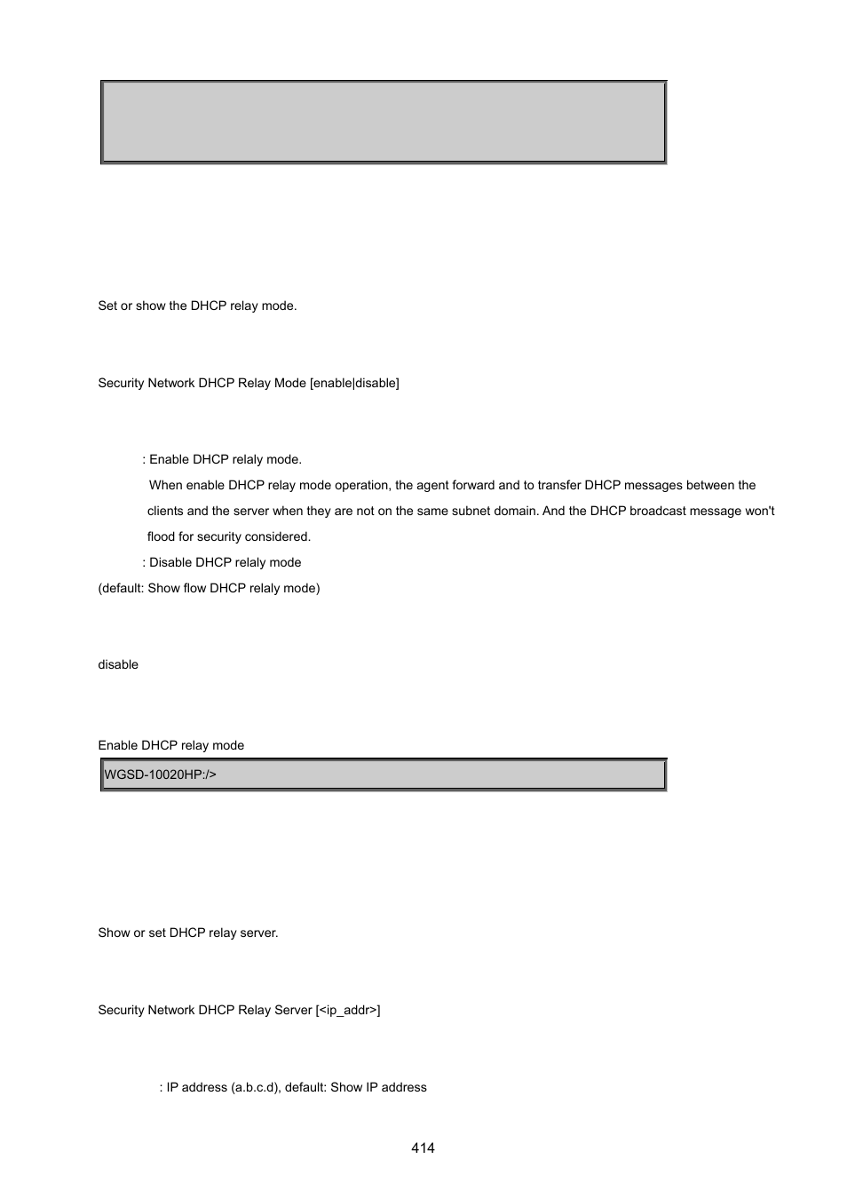 Security network dhcp relay mode, Security network dhcp relay server | PLANET WGSD-10020 User Manual | Page 414 / 557