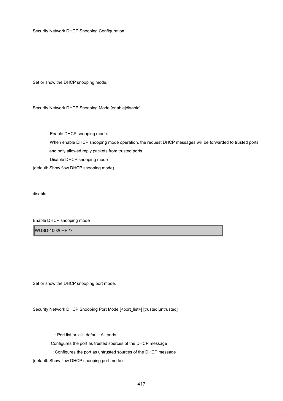 Security network dhcp snooping mode, Security network dhcp snooping port mode | PLANET WGSD-10020 User Manual | Page 417 / 557