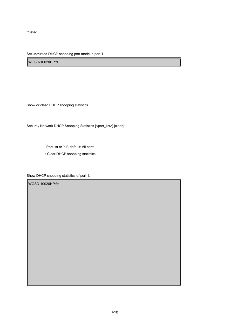 Security network dhcp snooping statistics | PLANET WGSD-10020 User Manual | Page 418 / 557