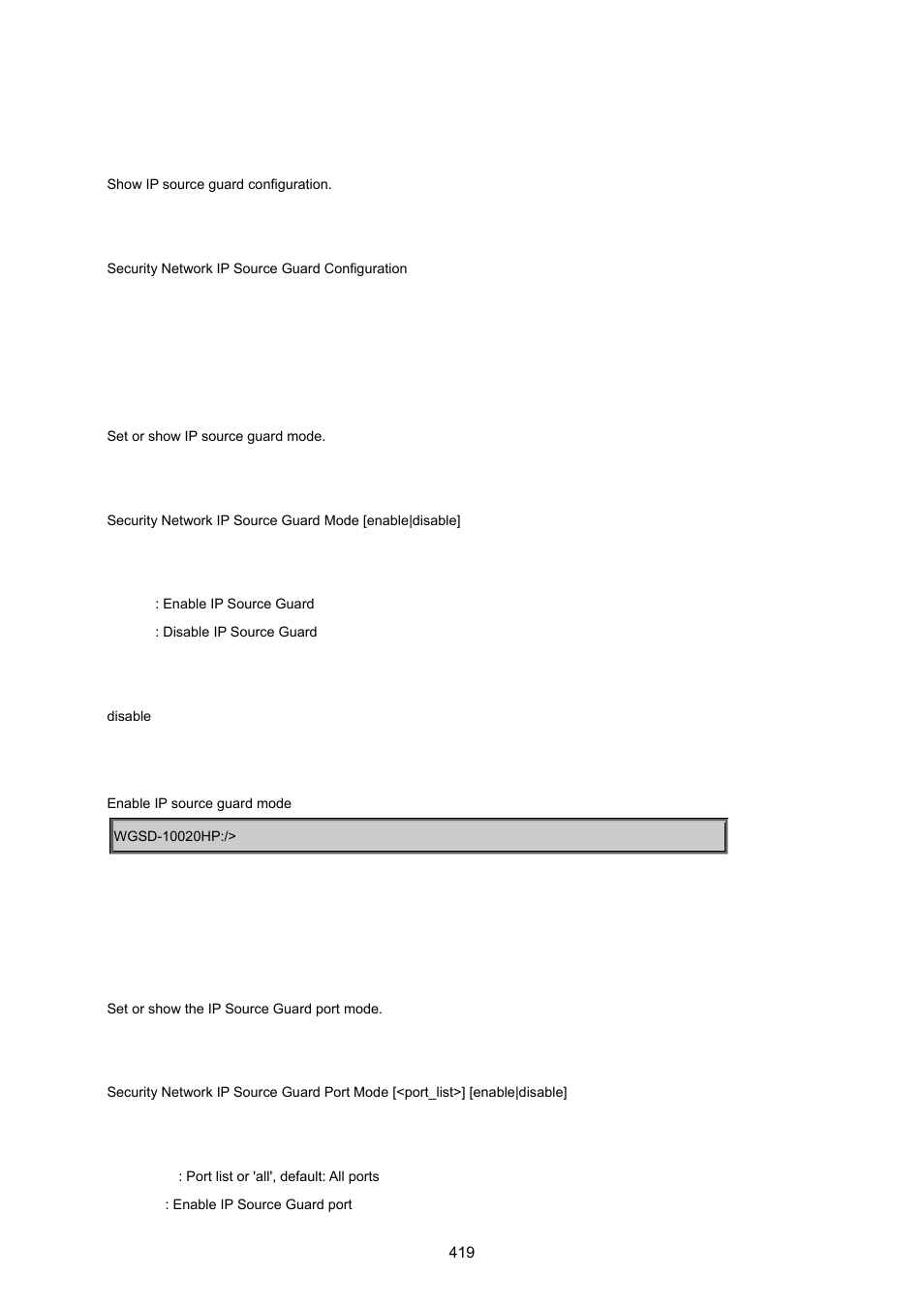 Security network ip source guard configuration, Security network ip source guard mode, Security network ip source guard port mode | PLANET WGSD-10020 User Manual | Page 419 / 557