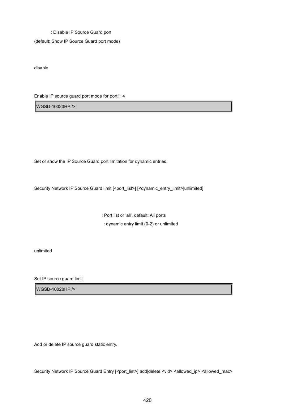 Security network ip source guard limit, Security network ip source guard entry | PLANET WGSD-10020 User Manual | Page 420 / 557