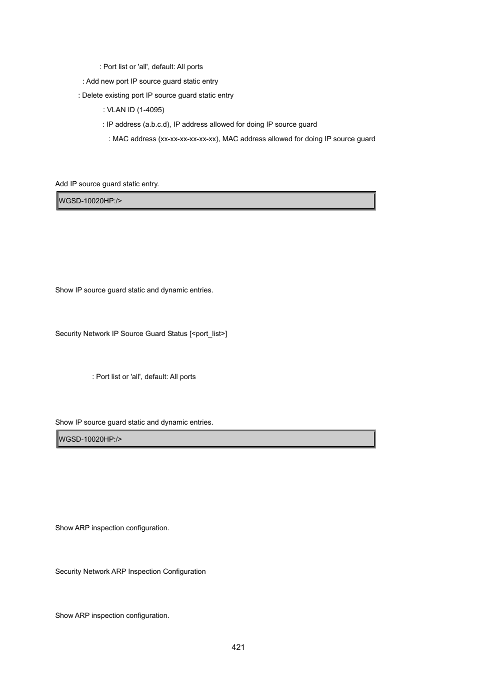 Security network ip source guard status, Security network arp inspection configuration | PLANET WGSD-10020 User Manual | Page 421 / 557