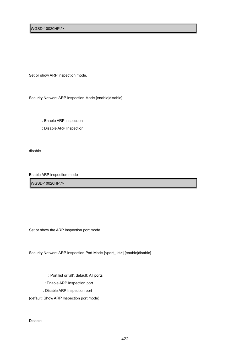 Security network arp inspection mode, Security network arp inspection port mode | PLANET WGSD-10020 User Manual | Page 422 / 557