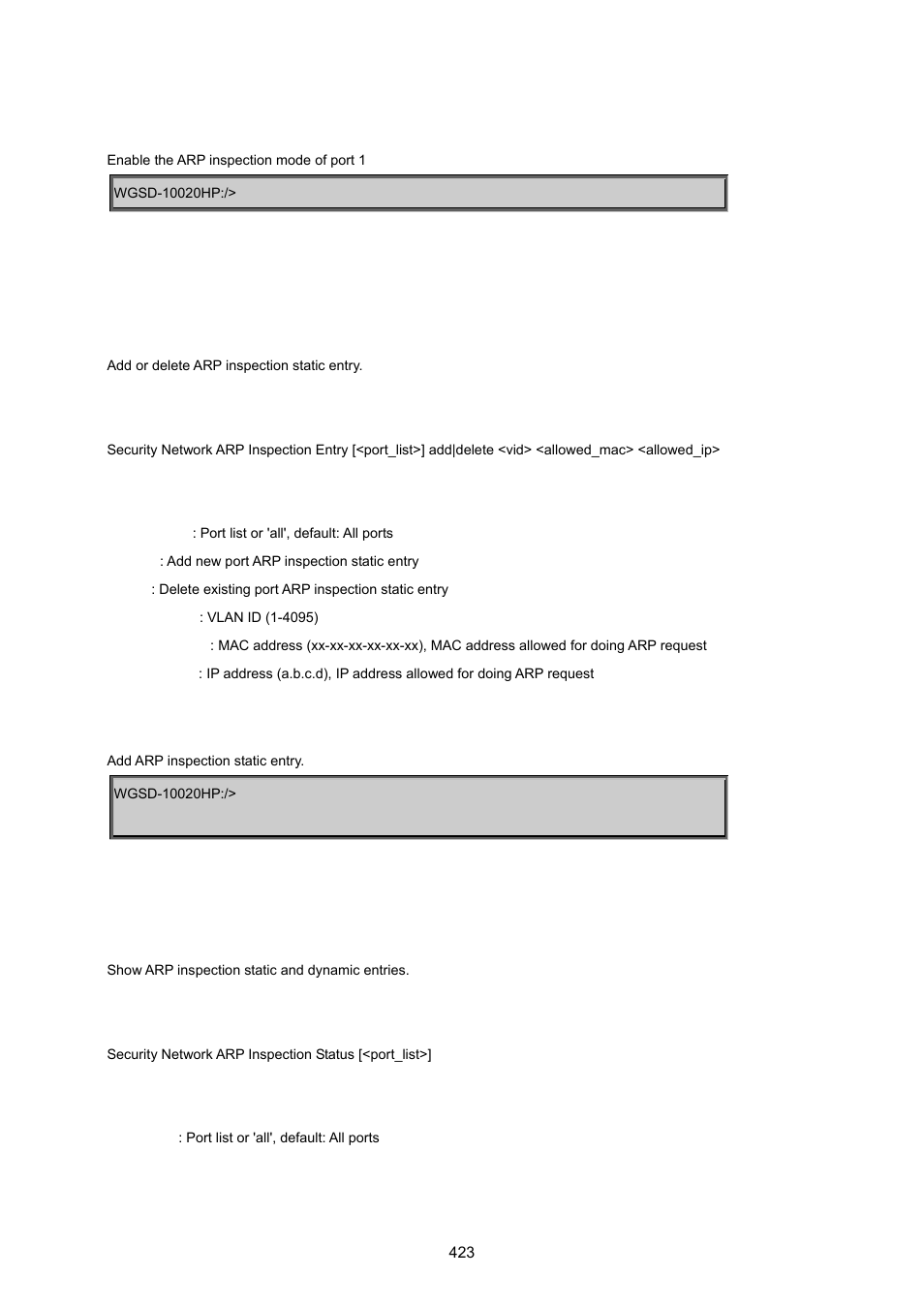 Security network arp inspection entry, Security network arp inspection status | PLANET WGSD-10020 User Manual | Page 423 / 557