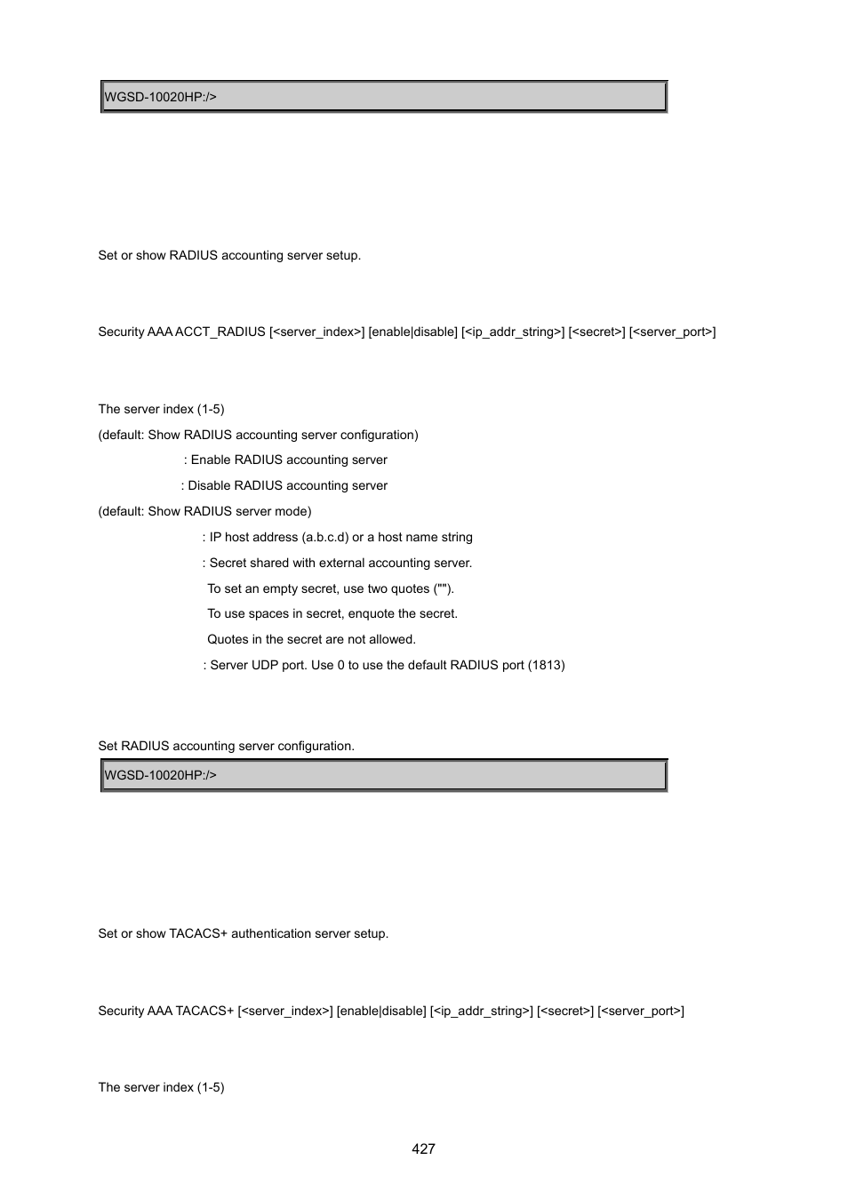 Security aaa acct_radius, Security aaa tacacs | PLANET WGSD-10020 User Manual | Page 427 / 557