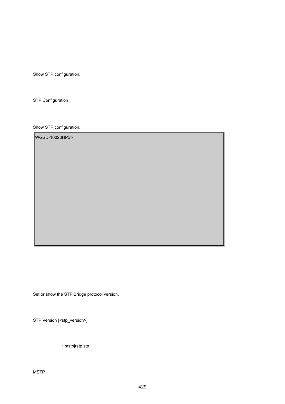 8 spanning tree protocol command, Stp configuration, Stp version | PLANET WGSD-10020 User Manual | Page 429 / 557