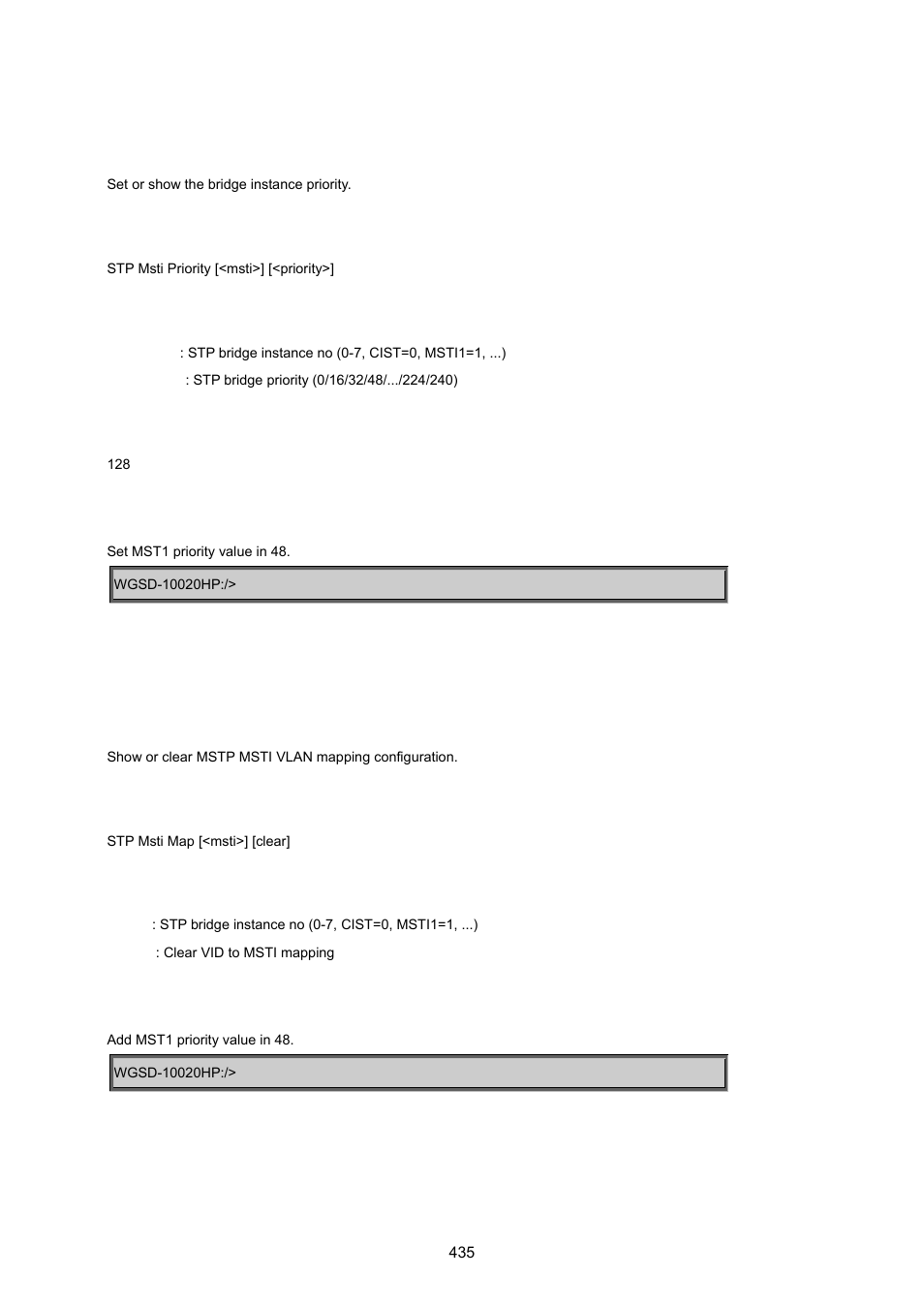 Stp msti priority, Stp msti map | PLANET WGSD-10020 User Manual | Page 435 / 557