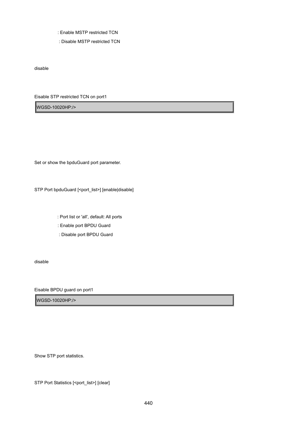 Stp port bpduguard, Stp port statistic | PLANET WGSD-10020 User Manual | Page 440 / 557