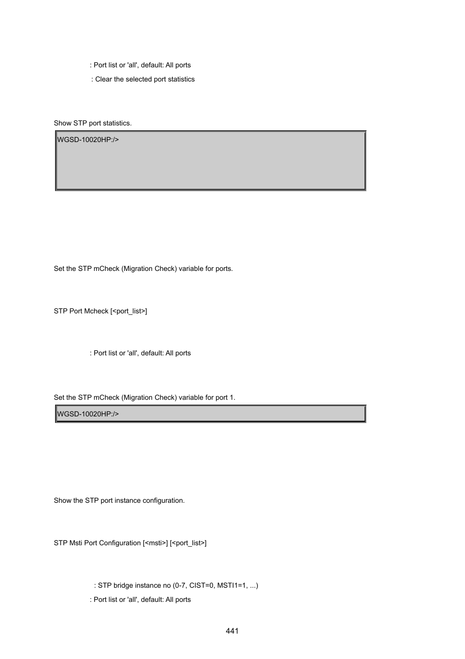 Stp port mcheck, Stp msti port configuration | PLANET WGSD-10020 User Manual | Page 441 / 557