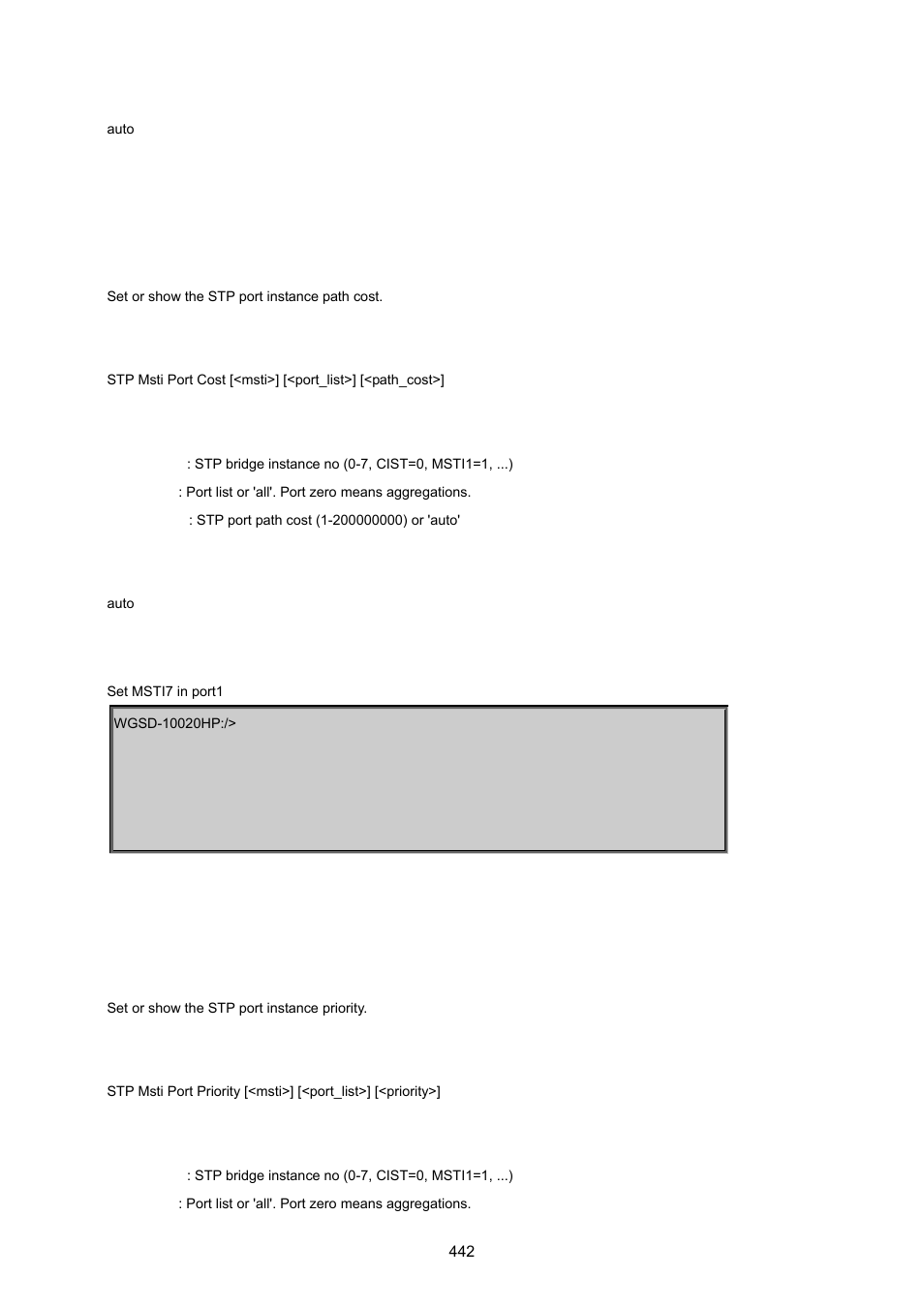 Stp msti port cost, Stp msti port priority | PLANET WGSD-10020 User Manual | Page 442 / 557