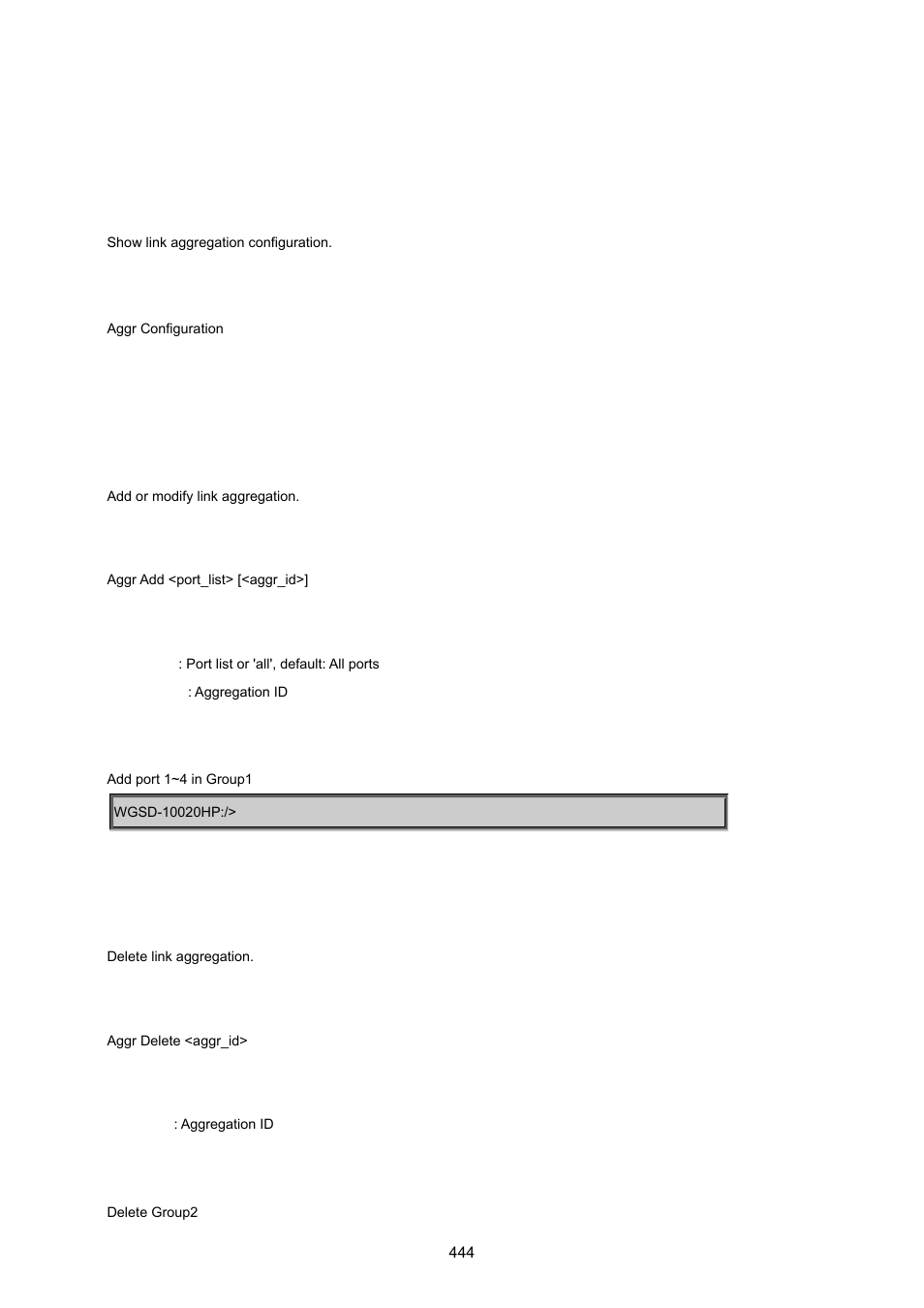 9 link aggregation command, Aggregation configuration, Aggregation add | Aggregation delete | PLANET WGSD-10020 User Manual | Page 444 / 557