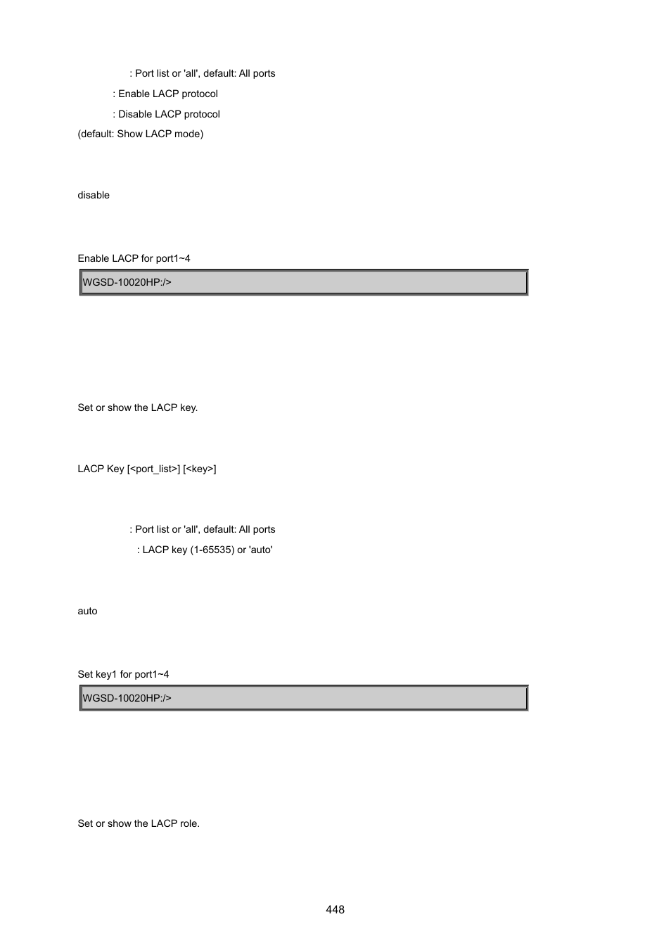 Lacp key, Lacp role | PLANET WGSD-10020 User Manual | Page 448 / 557
