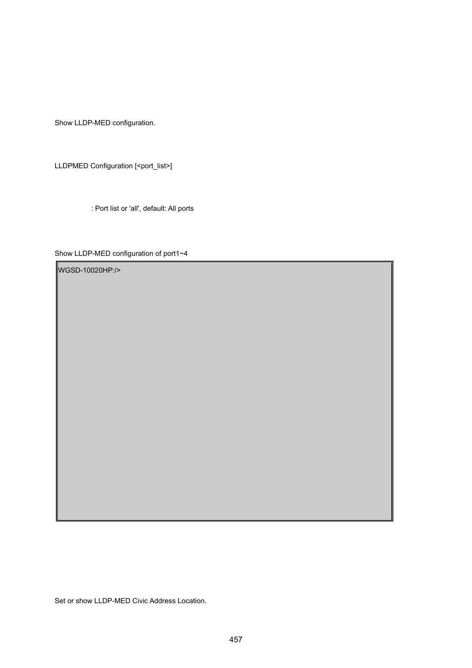 12 lldpmed command, Lldpmed configuration, Lldpmed civic | PLANET WGSD-10020 User Manual | Page 457 / 557