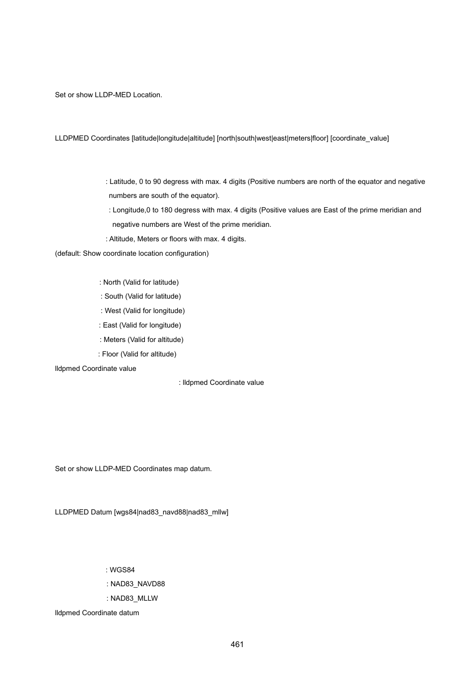 Lldpmed coordinates, Lldpmed datum | PLANET WGSD-10020 User Manual | Page 461 / 557