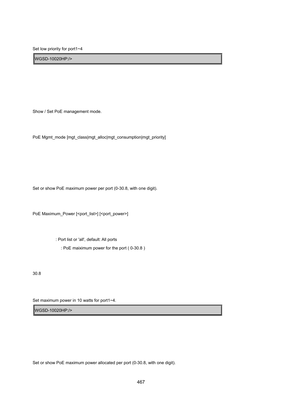 Poe mamagement mode, Poe maximum power, Poe allocated power | PLANET WGSD-10020 User Manual | Page 467 / 557