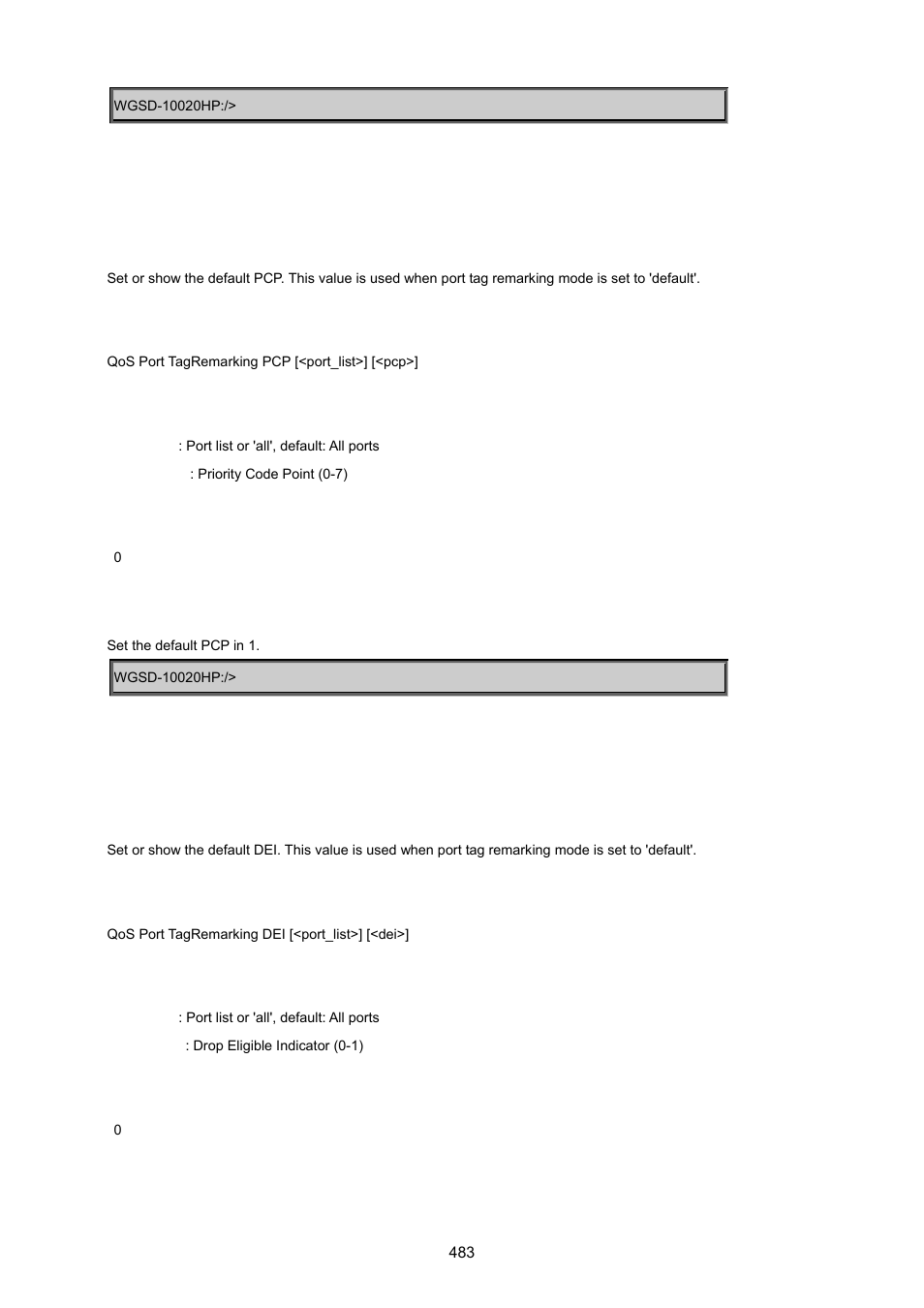 Qos port tagremarking pcp, Qos port tagremarking dei | PLANET WGSD-10020 User Manual | Page 483 / 557