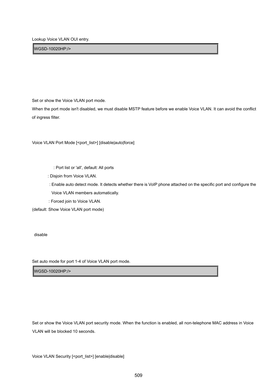 Voice vlan port mode, Voice vlan security | PLANET WGSD-10020 User Manual | Page 509 / 557