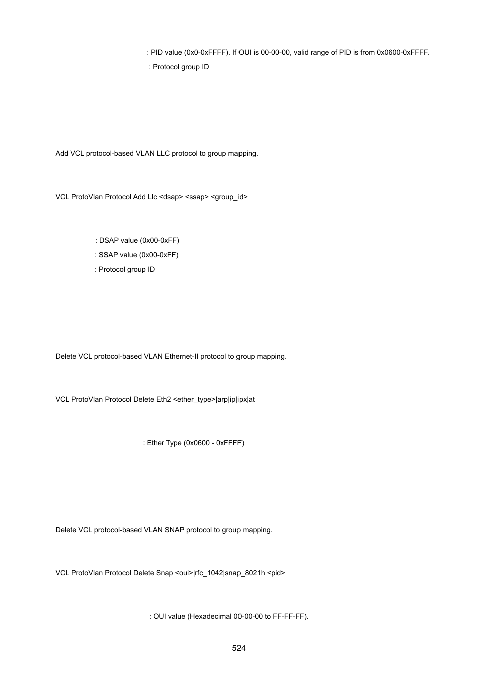 Vcl protocol-based vlan add llc, Vcl protocol-based vlan delete ethernet ii, Vcl protocol-based vlan delete snap | PLANET WGSD-10020 User Manual | Page 524 / 557