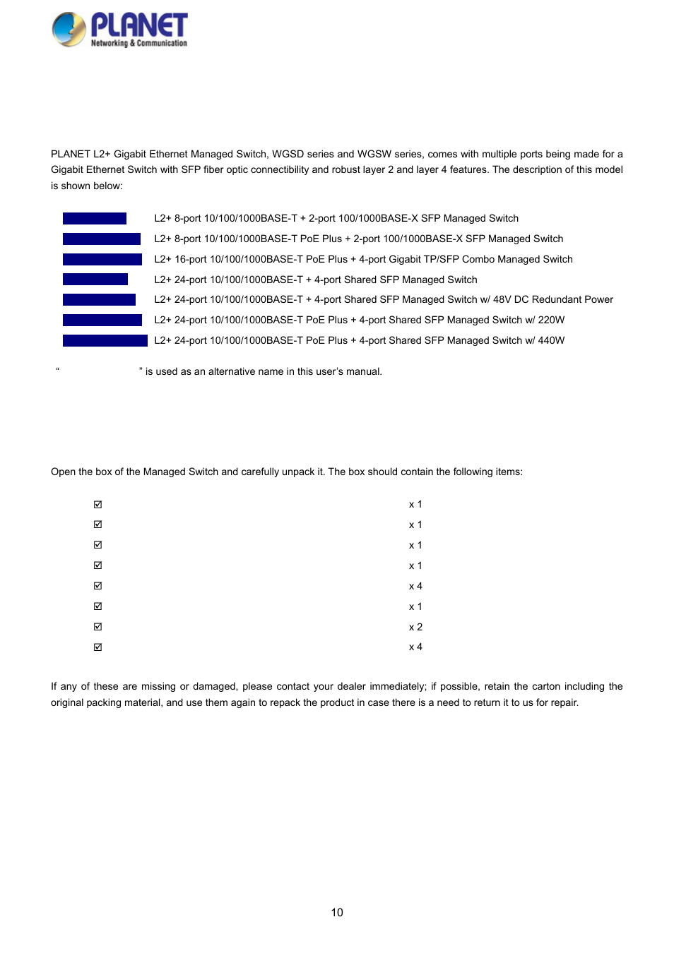 Introduction, 1 packet contents | PLANET WGSD-10020 User Manual | Page 10 / 373