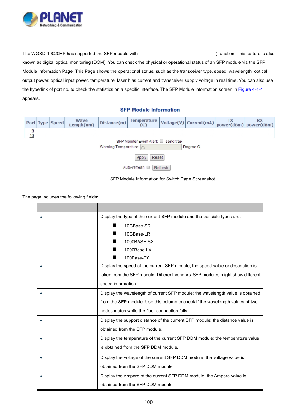 4 sfp module information | PLANET WGSD-10020 User Manual | Page 100 / 373