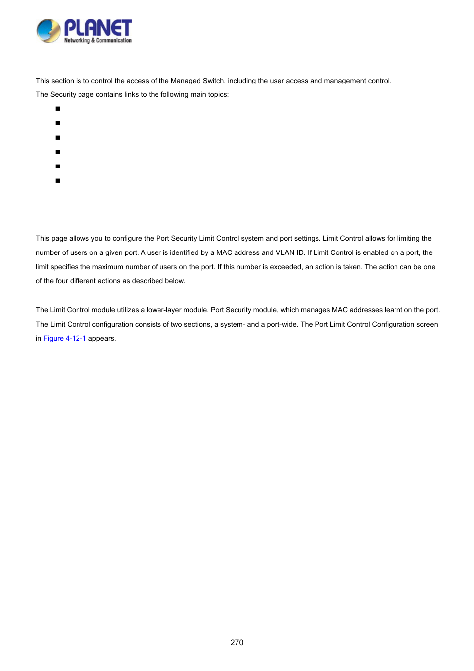 12 security, 1 port limit control | PLANET WGSD-10020 User Manual | Page 270 / 373