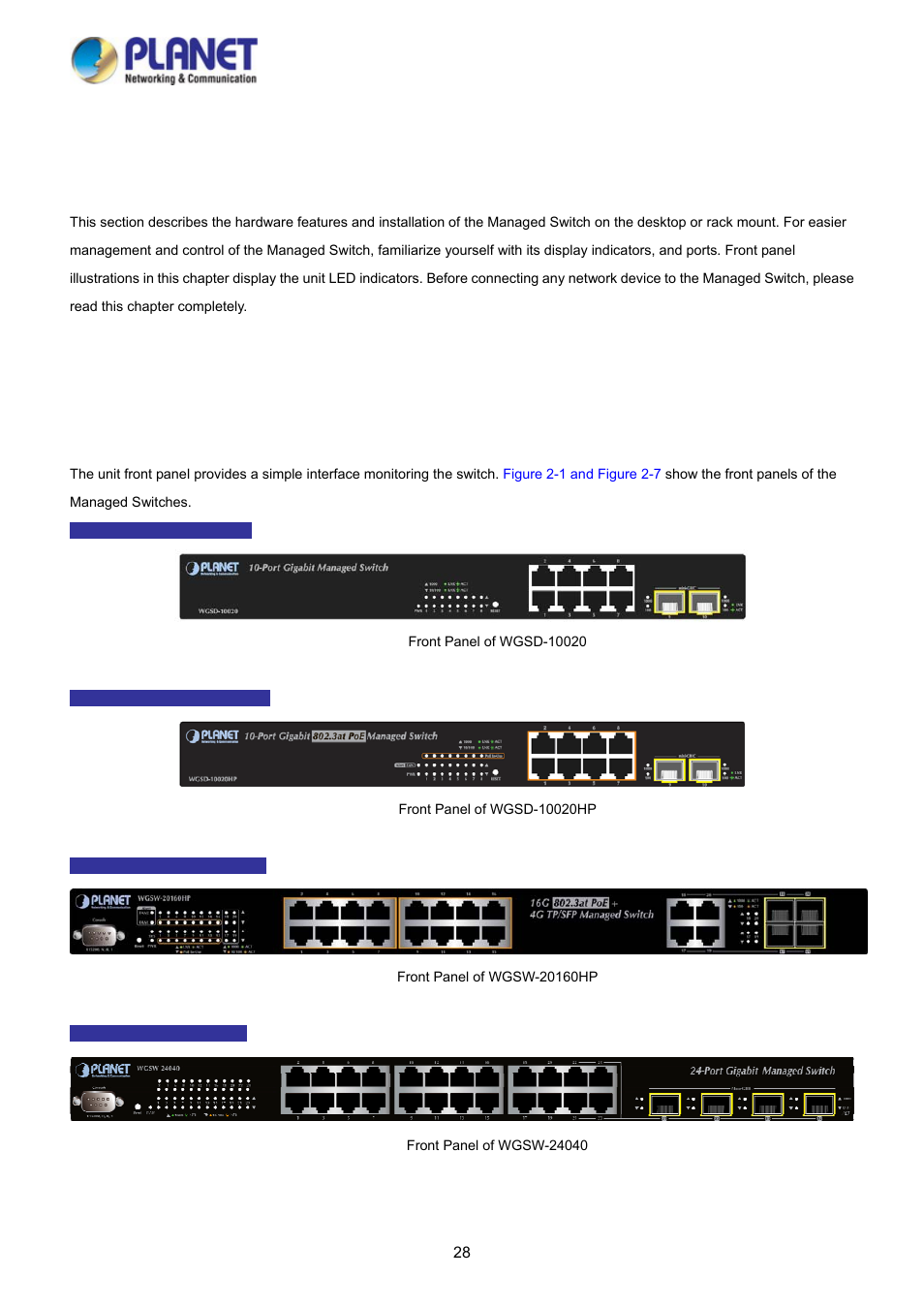 Installation, 1 hardware description, 1 switch front panel | PLANET WGSD-10020 User Manual | Page 28 / 373
