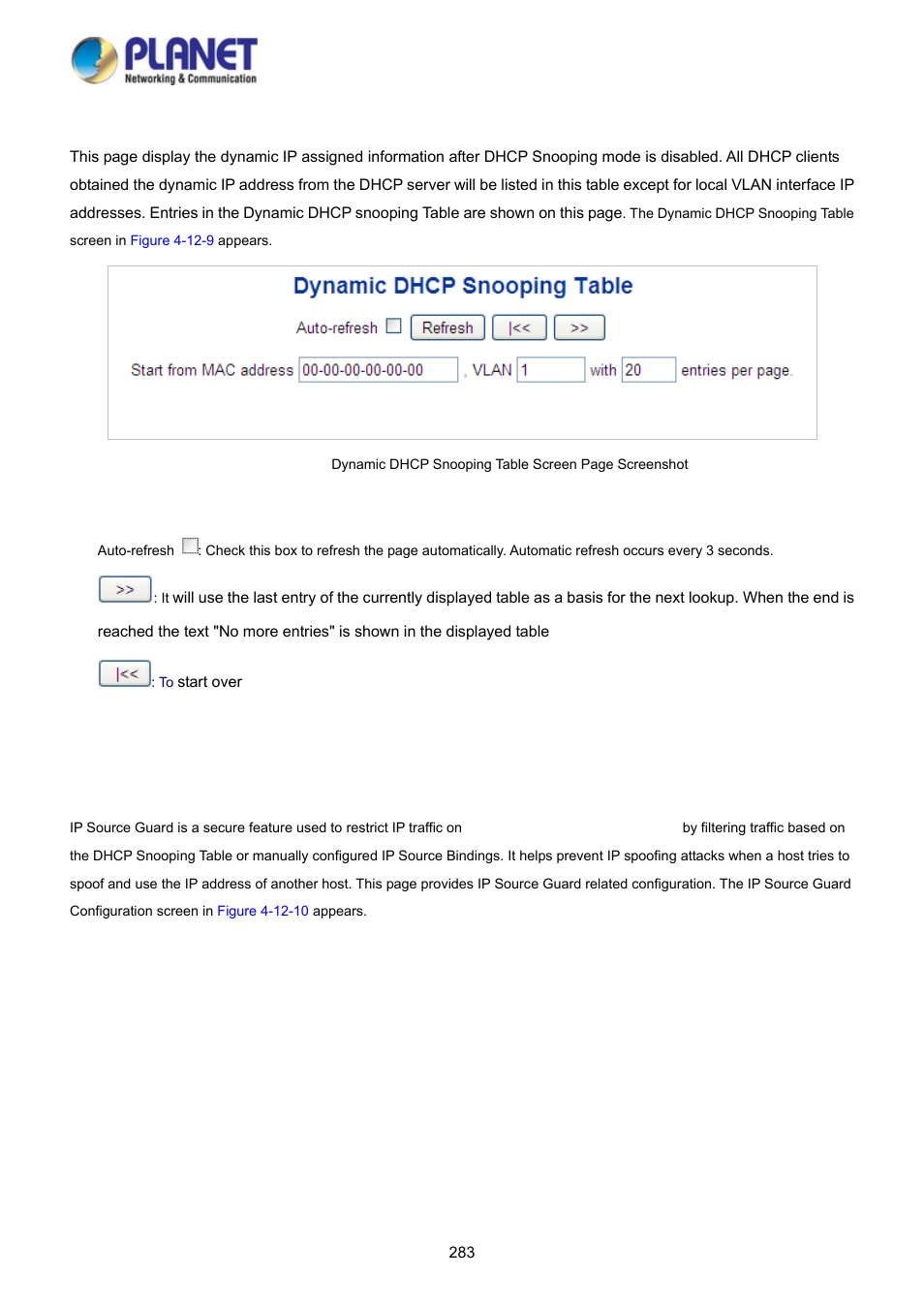 9 snooping table, 10 ip source guard configuration | PLANET WGSD-10020 User Manual | Page 283 / 373