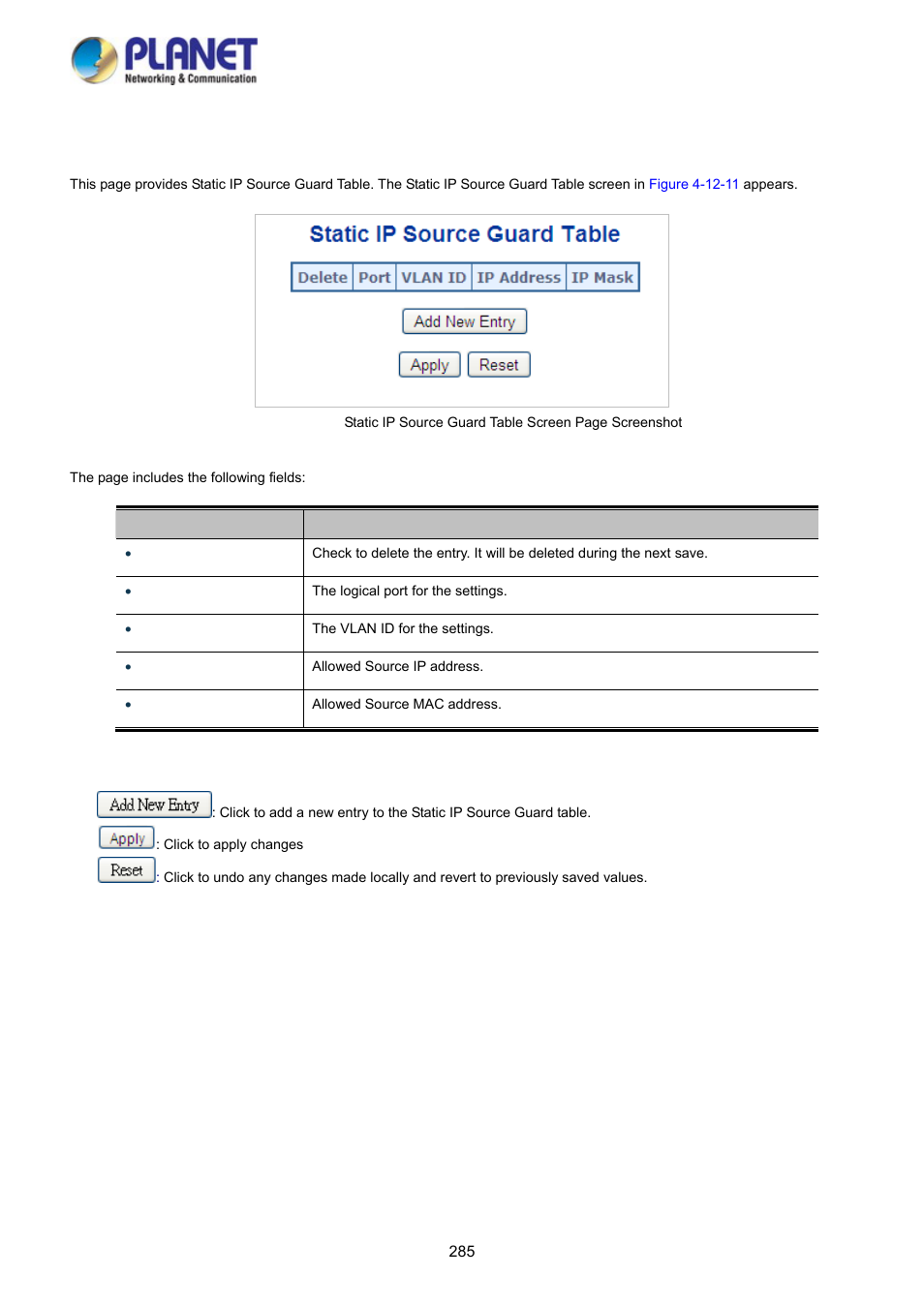 11 ip source guard static table | PLANET WGSD-10020 User Manual | Page 285 / 373