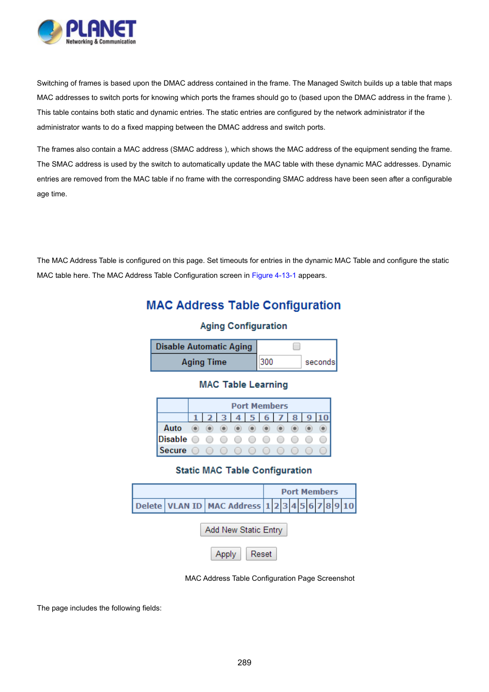 13 address table, 1 mac table configuration | PLANET WGSD-10020 User Manual | Page 289 / 373