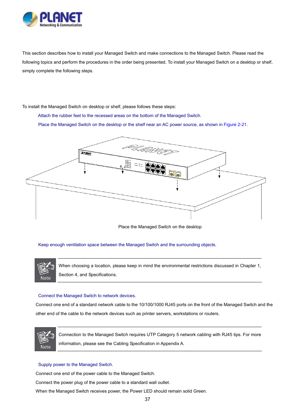 2 installing the switch, 1 desktop installation | PLANET WGSD-10020 User Manual | Page 37 / 373