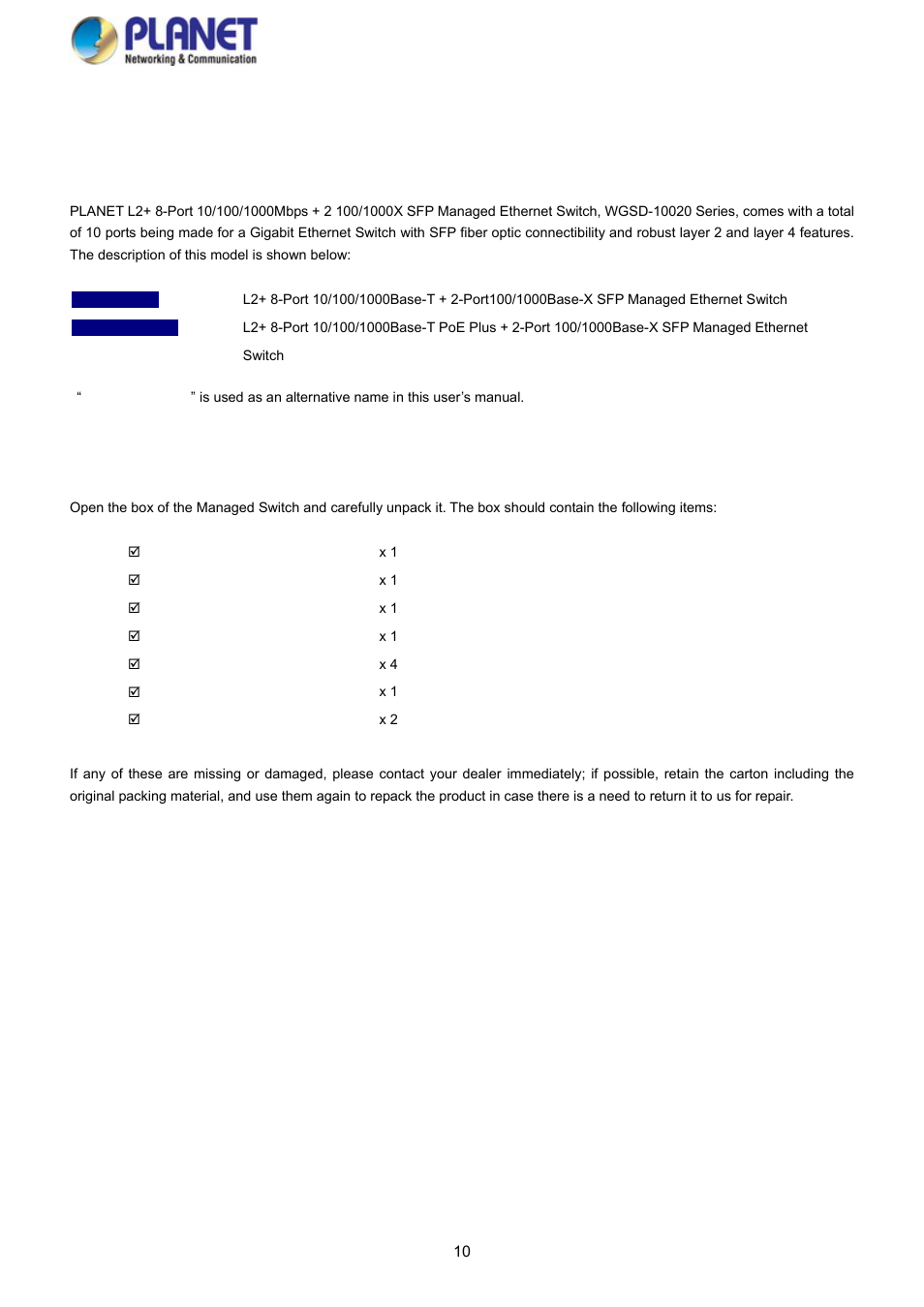 Introduction, 1 packet contents | PLANET WGSD-10020HP User Manual | Page 10 / 358