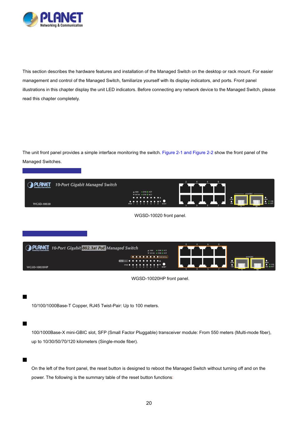 Installation, 1 hardware description, 1 switch front panel | PLANET WGSD-10020HP User Manual | Page 20 / 358