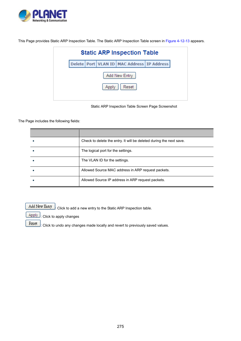 13 arp inspection static table | PLANET WGSD-10020HP User Manual | Page 275 / 358